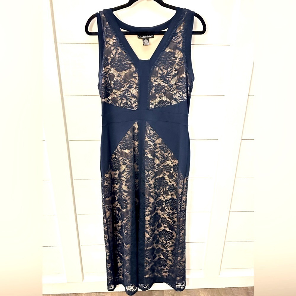 CANDALITE Petite Navy Nude lined lace midi feminine party evening dress PL
